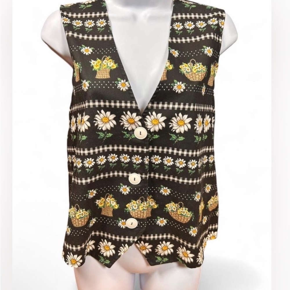 Daisy Print Button-Up Vest - Black